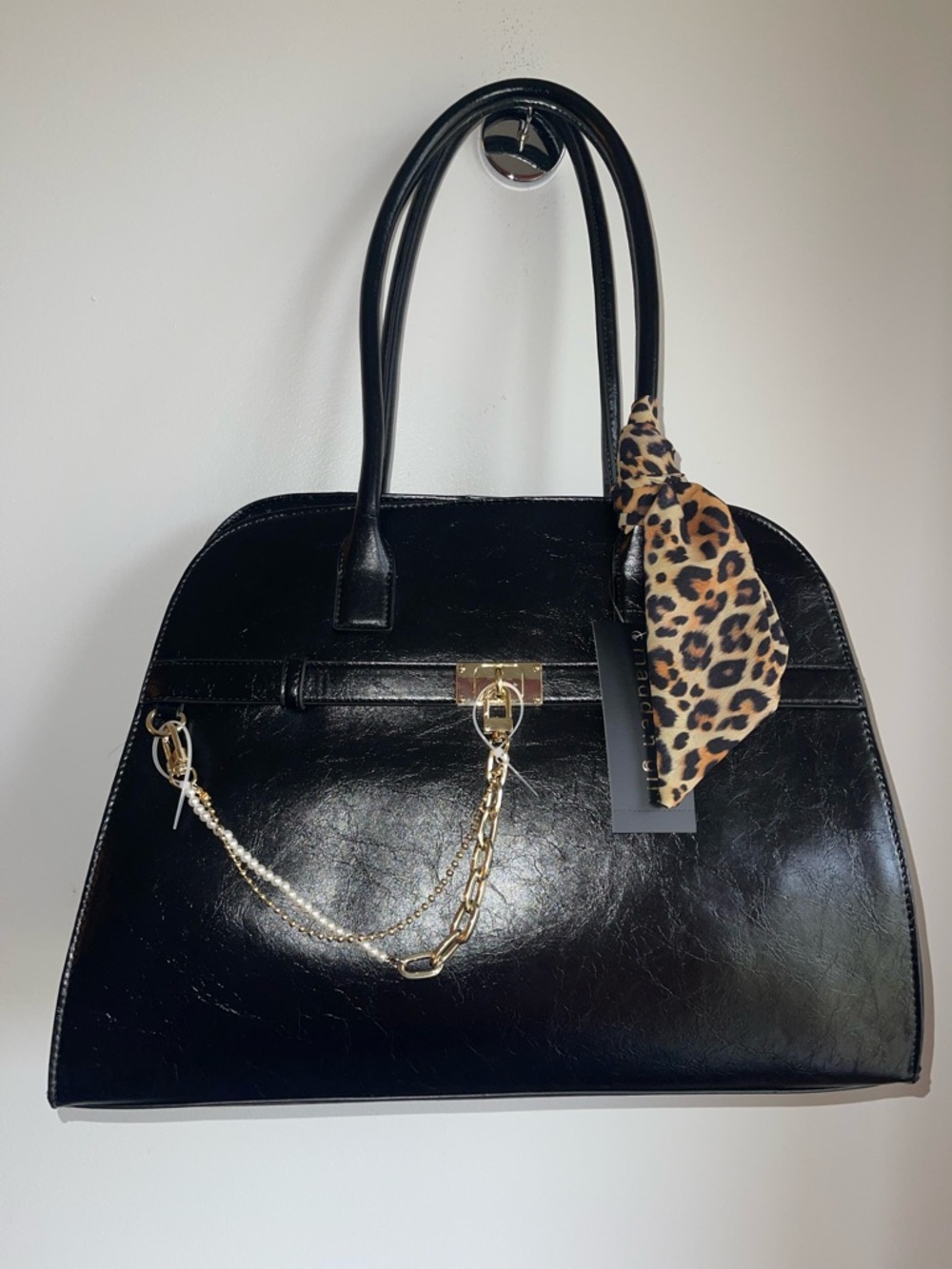 Madden Girl Black Satchel with Leopard Scarf and Gold and Pearl  Chain